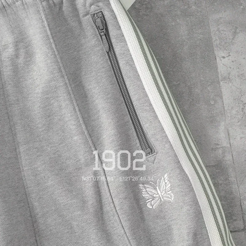 24ss Butterfly Embroidery Logo AWGE Wide Leg Pants High Quality Womens Stripe Grey Sweatpants Nee Dles Oversized Men Pants