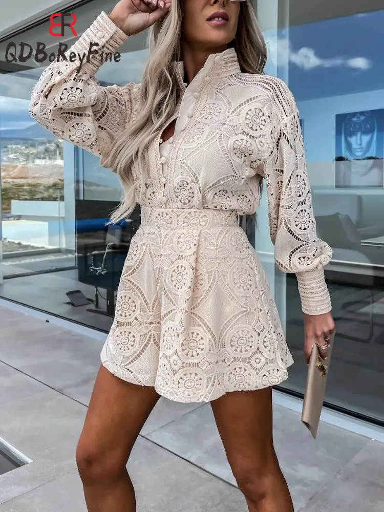 Spring Summer Women Shorts Sets Hook Flower Hollow Lace Long Sleeve Shirts Wide Leg Shorts Elegant 2 Piece Sets Womens Outfits