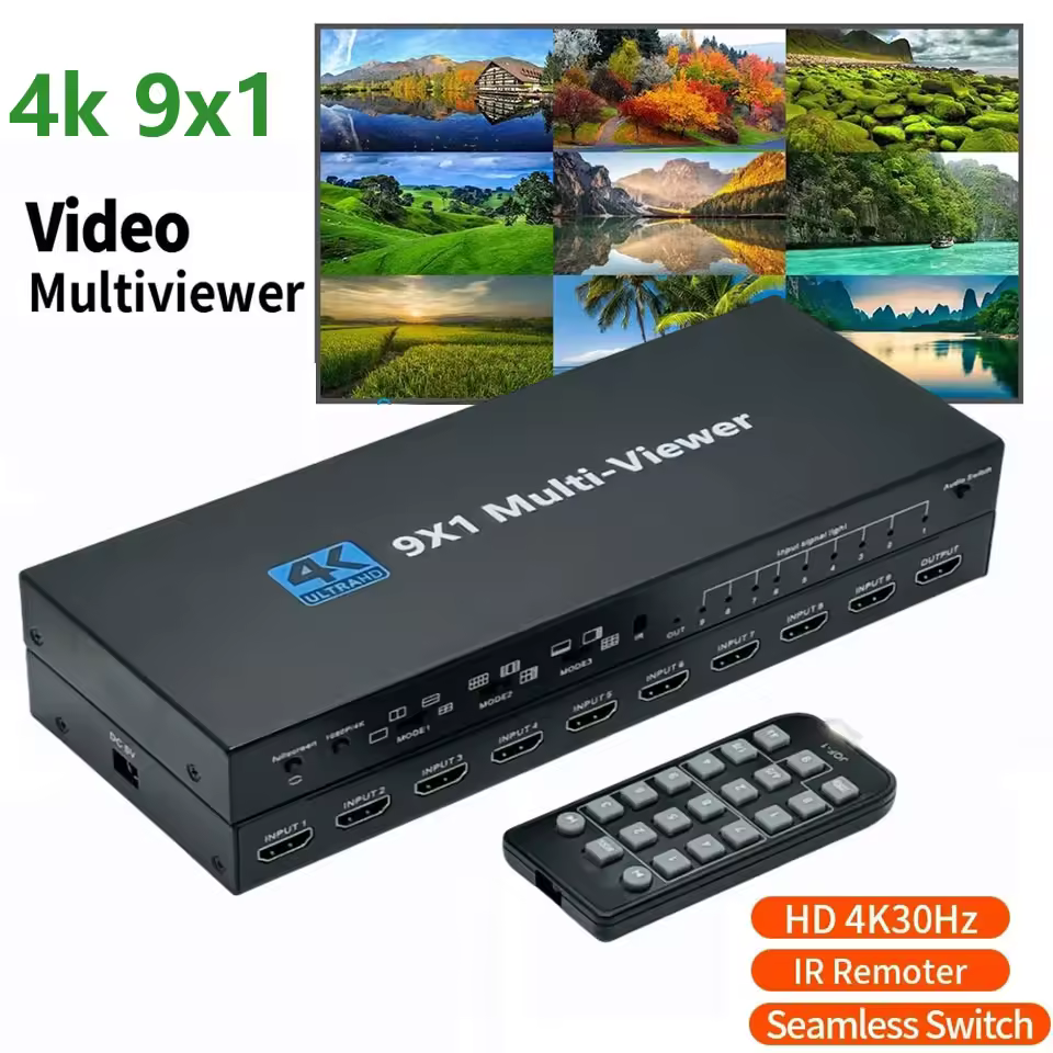 4K 4x1 9x1 HDMI Quad Multiviewer 4 9 Screen 9x1 Seamless Switch 9 In 1 out with remoter for Camera Monitor Switch Adapter