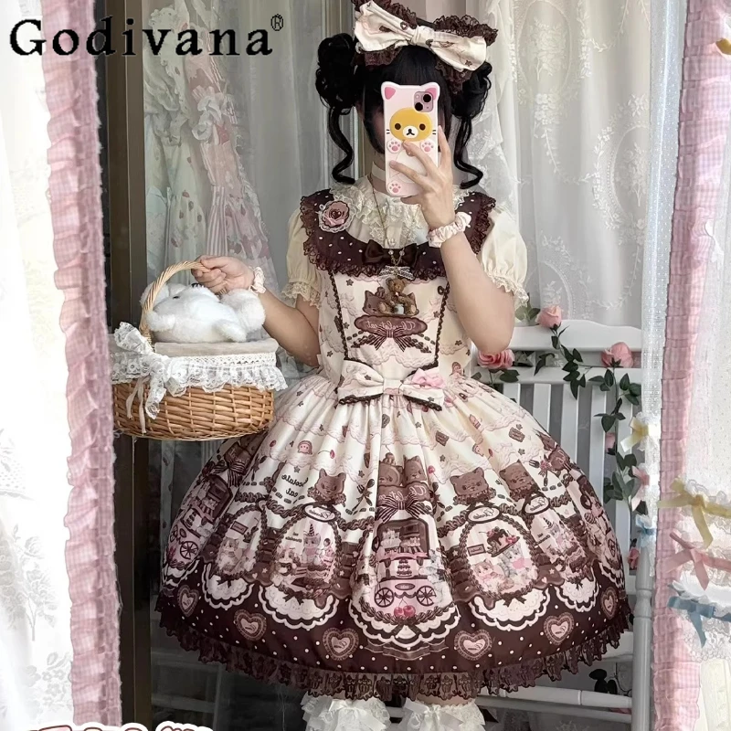 

Original Lolita Sweet Girl Cartoon Print JSK Dress Spring Summer New Cute Bow High Waist Elegant Princess Dresses for Women