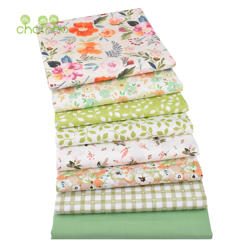 Chainho,Printed Twill Cotton Fabric,DIY Sewing & Quilting Material,Patchwork Cloths,Green Floral Series,8 Designs,3 Sizes,CC076