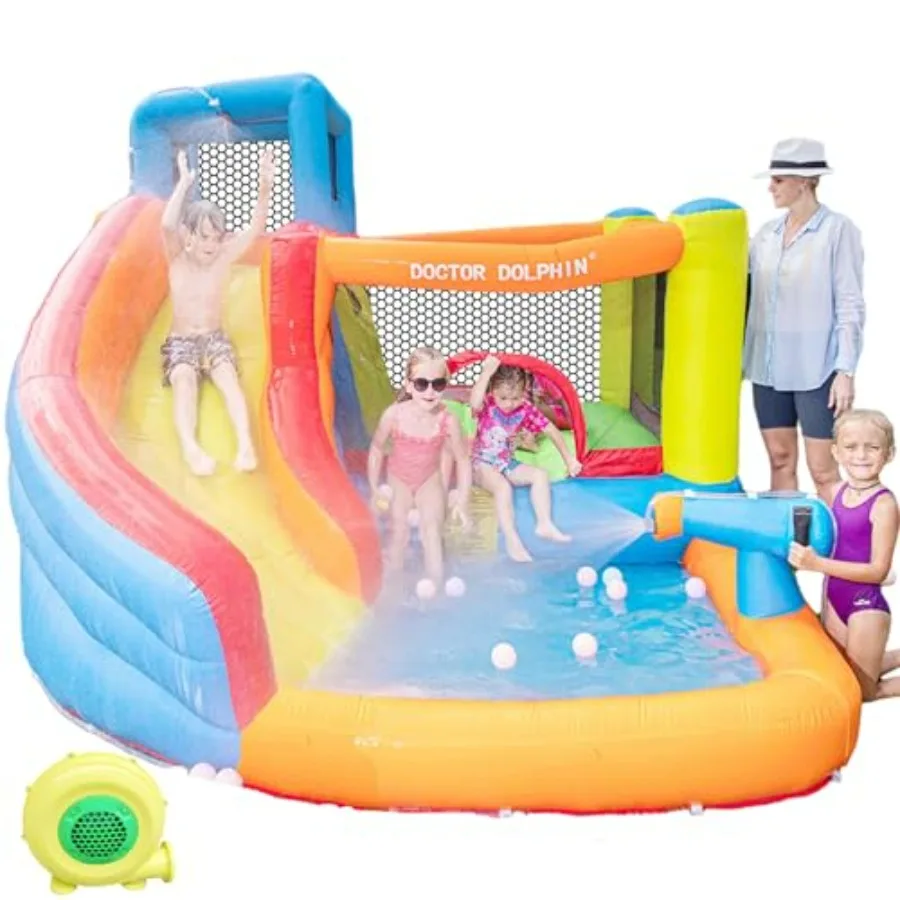

Indoor bounce house for kids, inflatable water slide with durable PVC material, blue and yellow color, dual wet/dry play functi