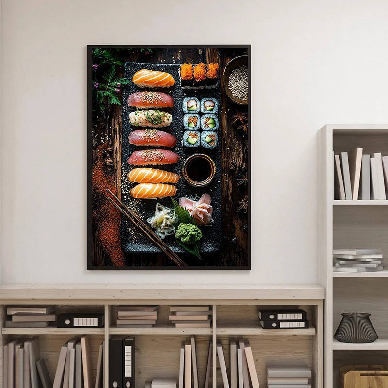 Póster de Ramen, Pollo Teriyaki y Arroz, Impresión en Lienzo, Decoración para Cocina y Restaurante, Cocina Asiática, Plato de Sushi, Poke Bowl de Atún