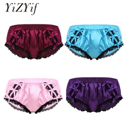 Sissy Panties Mens Ruffle Floral Lace Trim Sexy Lingerie Low Waist Bikini Briefs Satin Underpants Male Crossdress Underwear