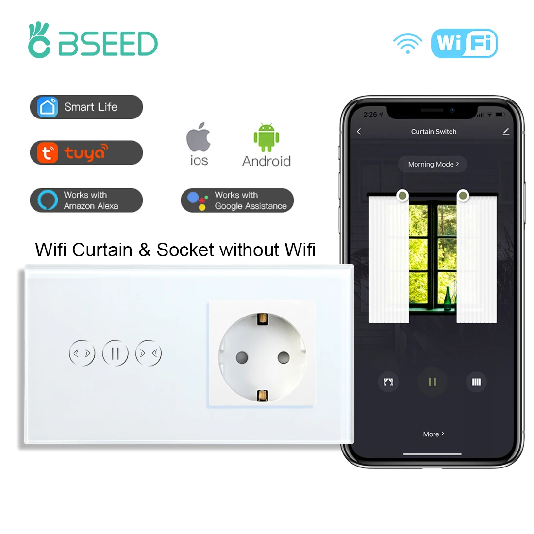 

BSEED WIFI Touch Curtain Switch Wall Sensor Switch With EU Standard Socket Without Wifi Crystal Glass Smart Control Tuya App