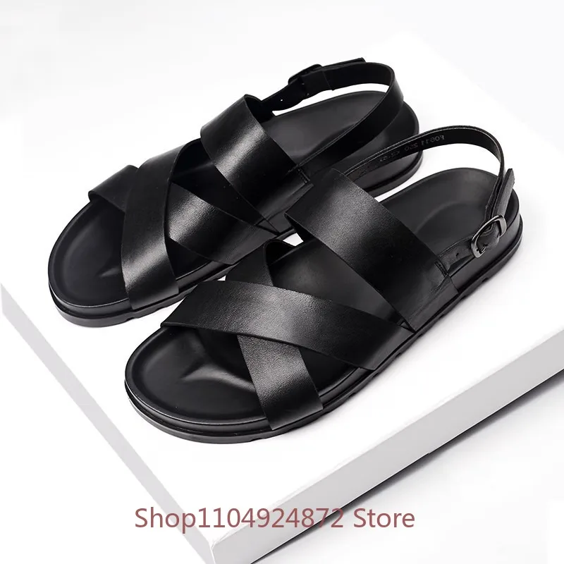Roman Sandals Summer Genuine Leather British Style Men's Shoes Casual Trendy Breathable Non Slip Open Toe Beach Sandals Male