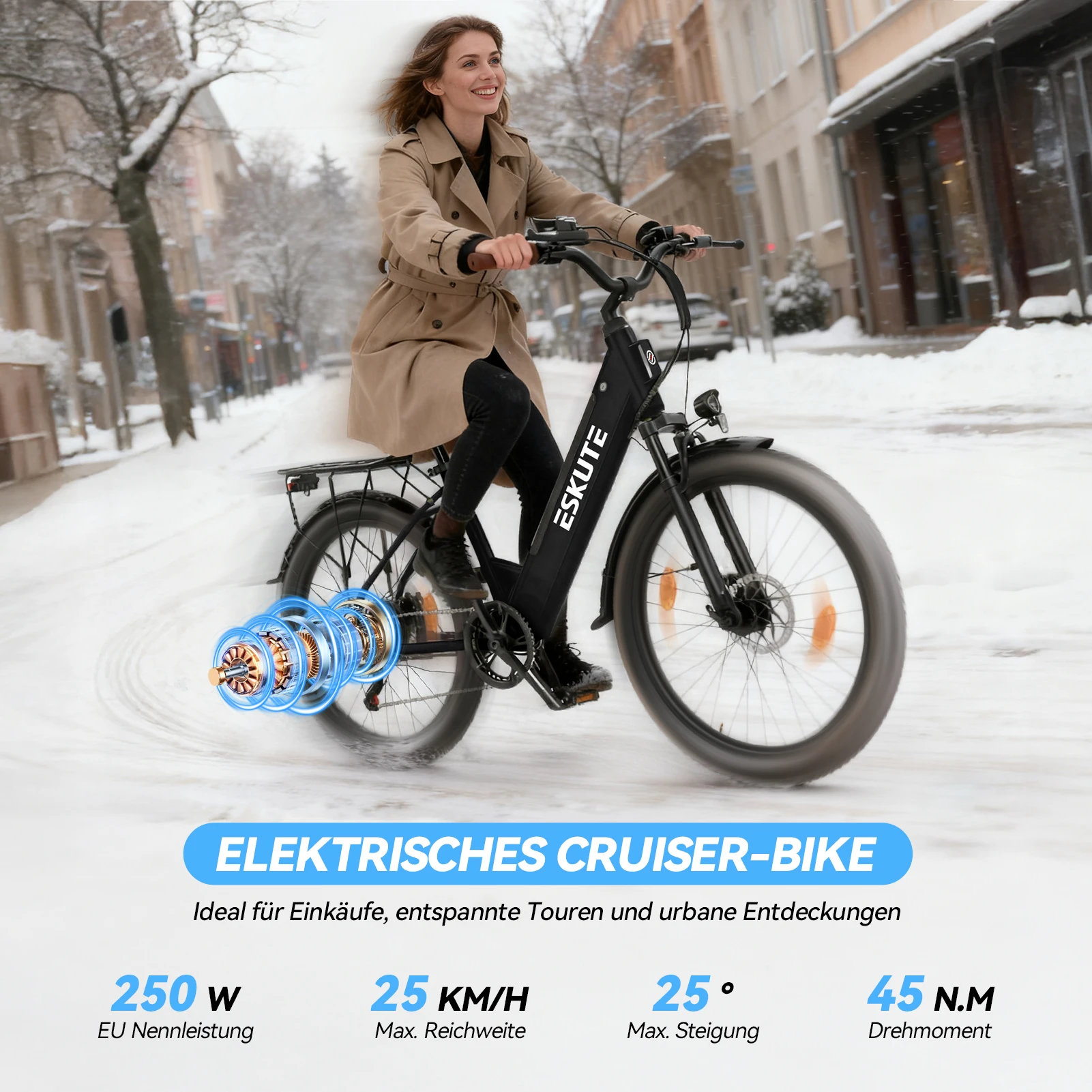 ESKUTE C100 PLUS Elektrofahrrad für Erwachsene, 250 W, E-City-Elektrofahrrad, Urban Commuter, 36 V, 13 Ah, Batterie, 26-Zoll-Reifen, E-Bike – Detail 2