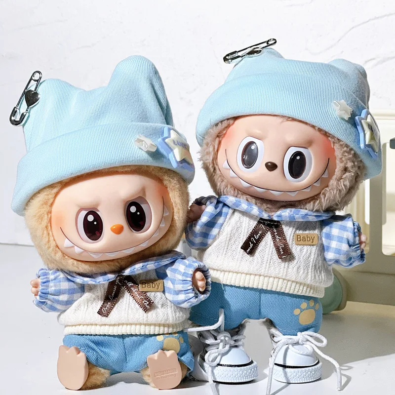 

For First And Second Generation Labubu Doll Clothes 17cm Vinyl Figurine Sitting Party Blind Box Pendant Clothes Hoodie Hat