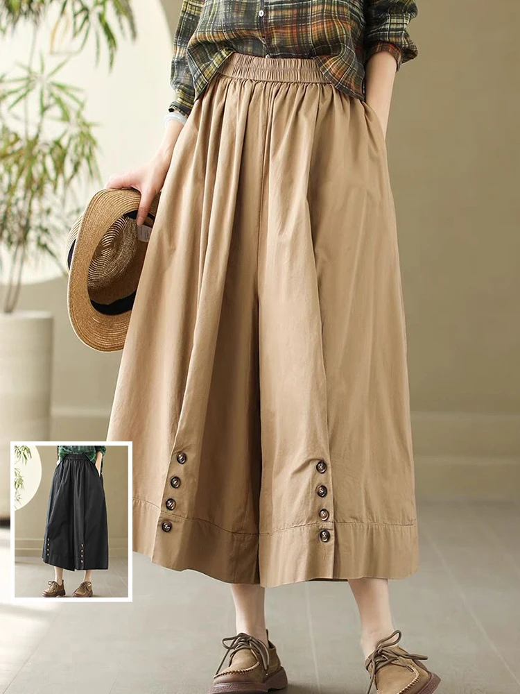 

Новые хлопковые брюки с декоративными пуговицами для отдыха, широкие брюки с высокой талией, прямой крой, семидюймовая юбка, брюки для женщин больших размеров