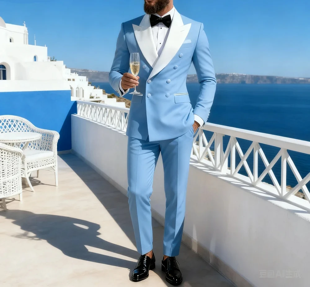 

Men's 2-Piece Casual Set with White Lapel Blazer And Black Pants Wedding Groomsmen Suit for Ceremony