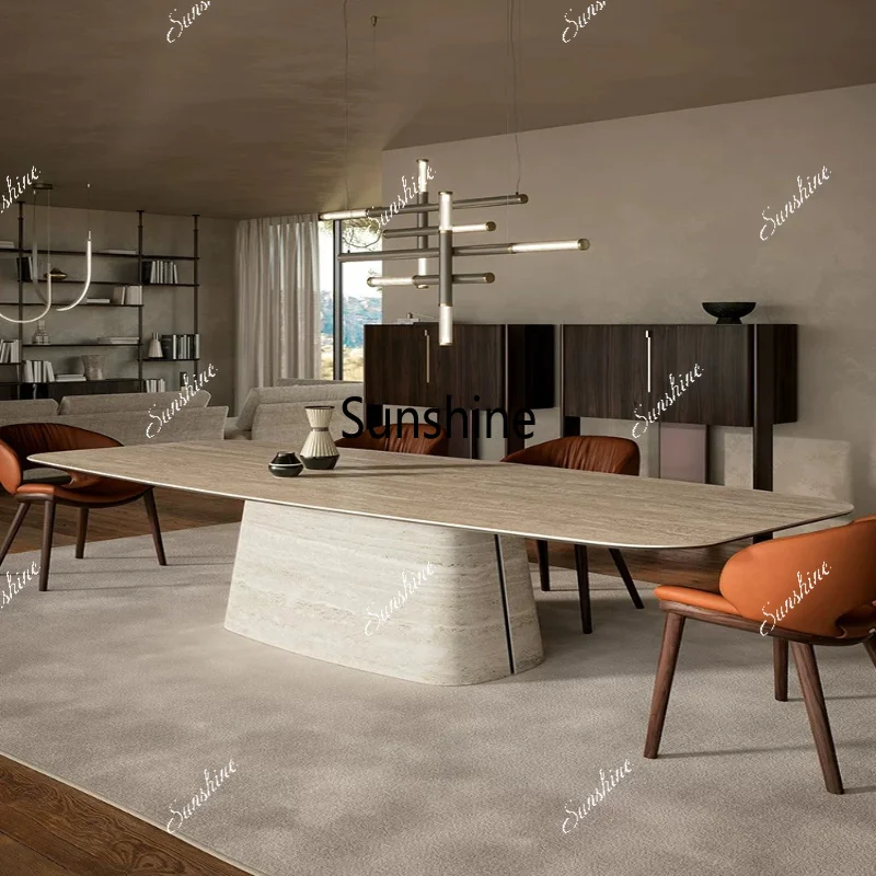 Travertine rock slab dining table and chairs modern simple household small apartment rectangular
