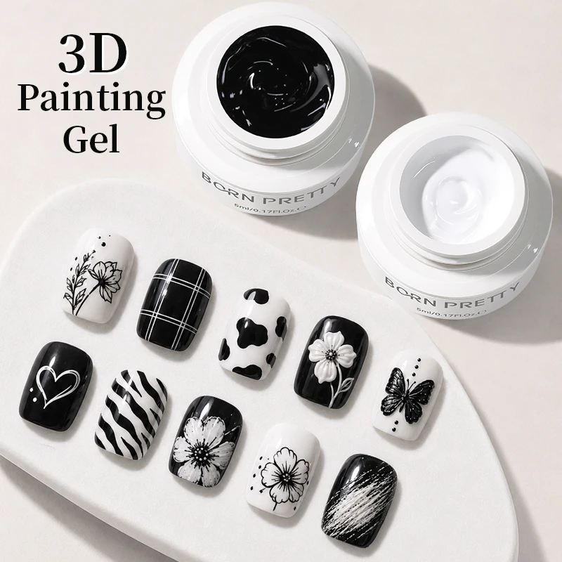 BORN PRETTY 5ml Nail Art Painting Gel Nail Polish Black White Line Flower Drawing Line French Nail Art Varnish DIY Manicure