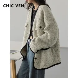 CHIC VEN Damen Wollmantel Schwerindustrie Daunenjacke Vintage V-Ausschnitt Frau Daunenmantel Weibliche Tops Herbst Winter 2024