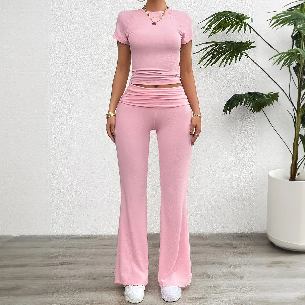 Casual Pure Color ort Sve Long Pants Set Women's Faion Summer Outfit Diyun Cross-Border Clothing 2024 Spring Summer