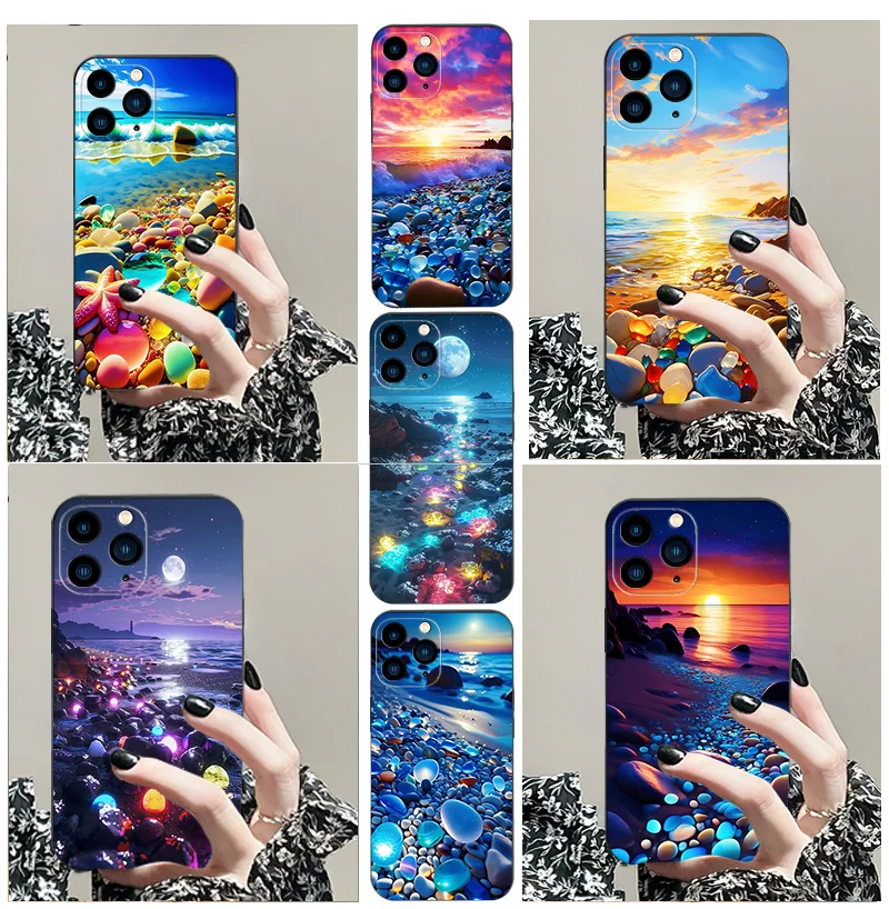 Colorful Coast Black soft phone case tpu for iphone 6 7 8 G 2020 se 11 12 13 14 15 16 PRO X XS MAX XR plus Apple cobblestone