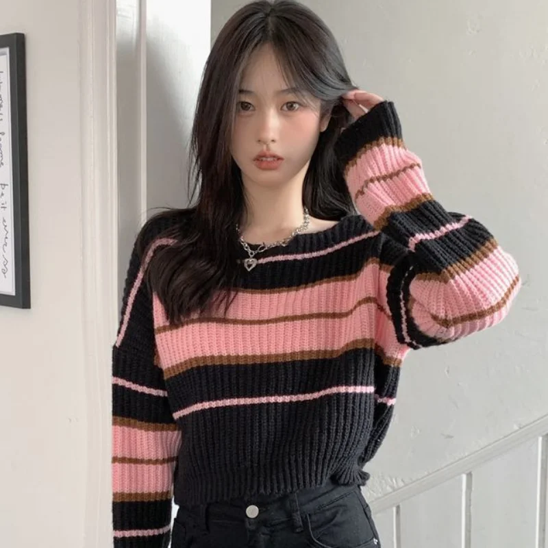 Striped Pullovers for Women Cropped Loose O-neck Ladies Cozy Retro Ins Casual Korean Style Fashion Daily All-match Свитер Tender