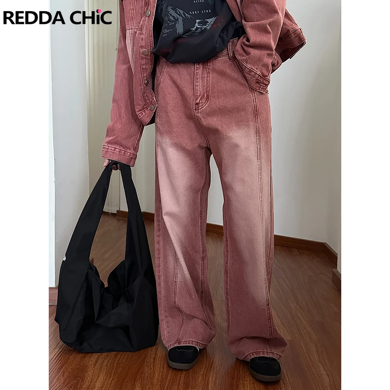 ReddaChic Line Patchwork Y2k Baggy Jeans Men Vintage Wash Pink Bleached Loose Fit Casual Wide Leg Denim Pants Grunge Streetwear