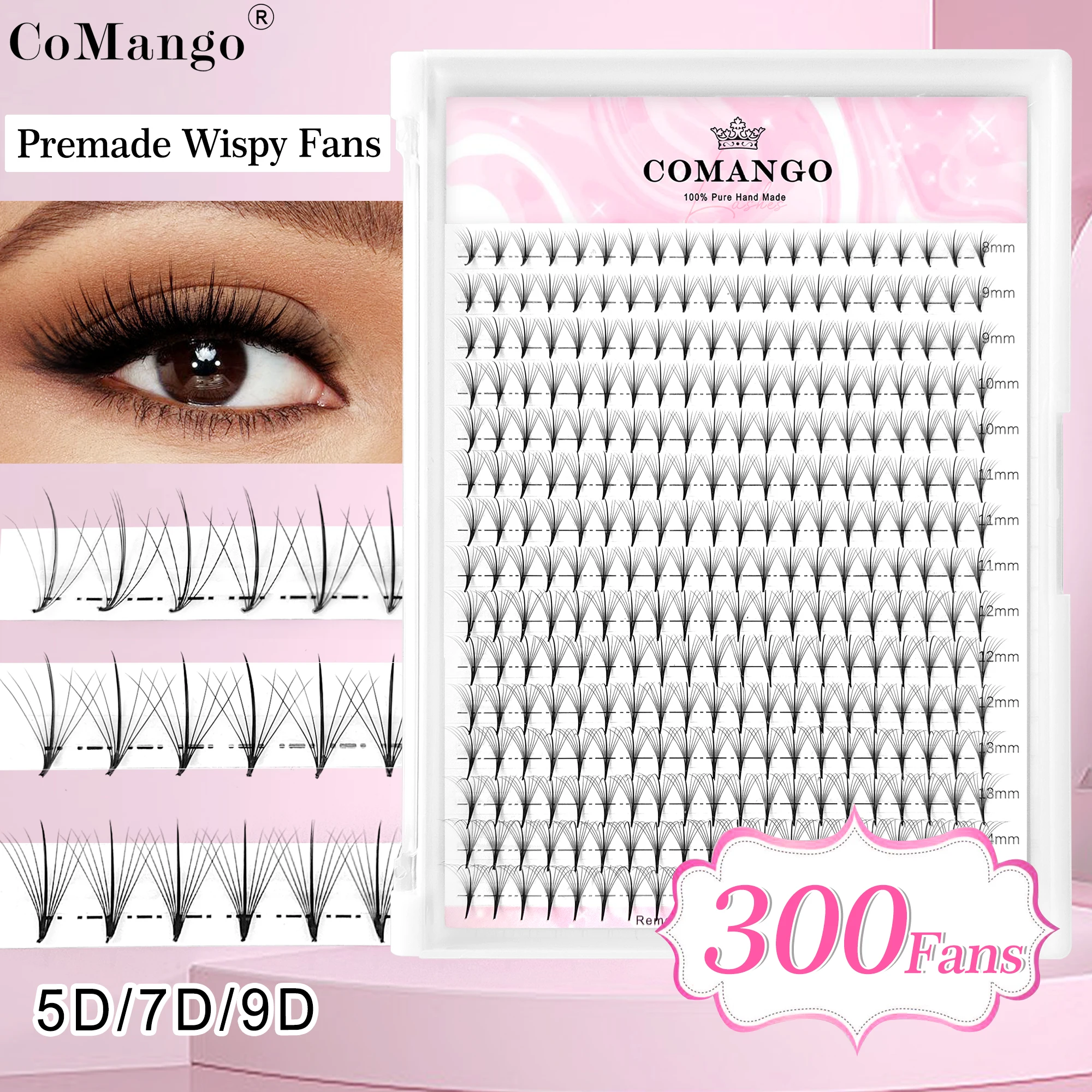 CoMango 5/7/9D 120/300 Wimpern mit spitz zulaufender Basis, C/D-Form, spitze, feine Wimpern, vorgefertigte Volumen-Wimpern aus Russland