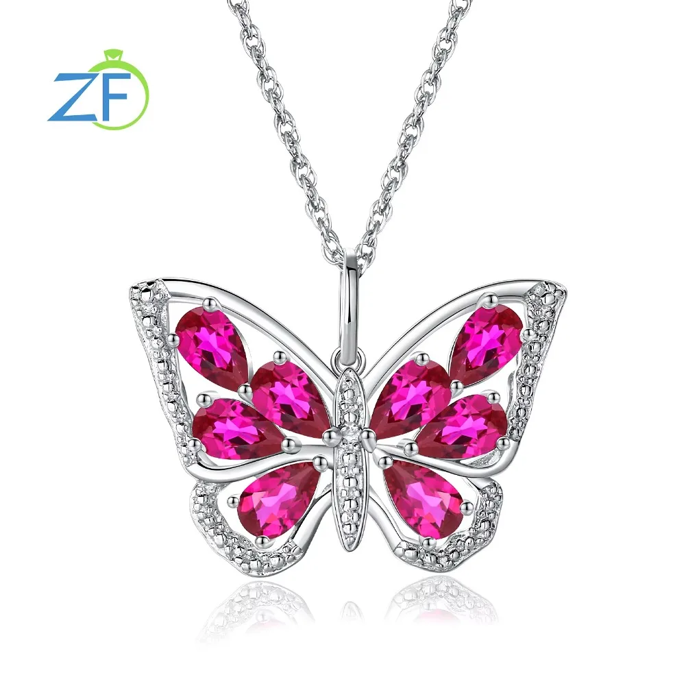 

GZ ZONGFA Lab Created 1.9ct Ruby Gemstone Pear Cut Butterfly Pendant Necklace 925 Sterling Silver Fine Jewelry for Women