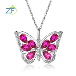 GZ ZONGFA Lab Created 1.9ct Ruby Gemstone Pear Cut Butterfly Pendant Necklace 925 Sterling Silver Fine Jewelry for Women