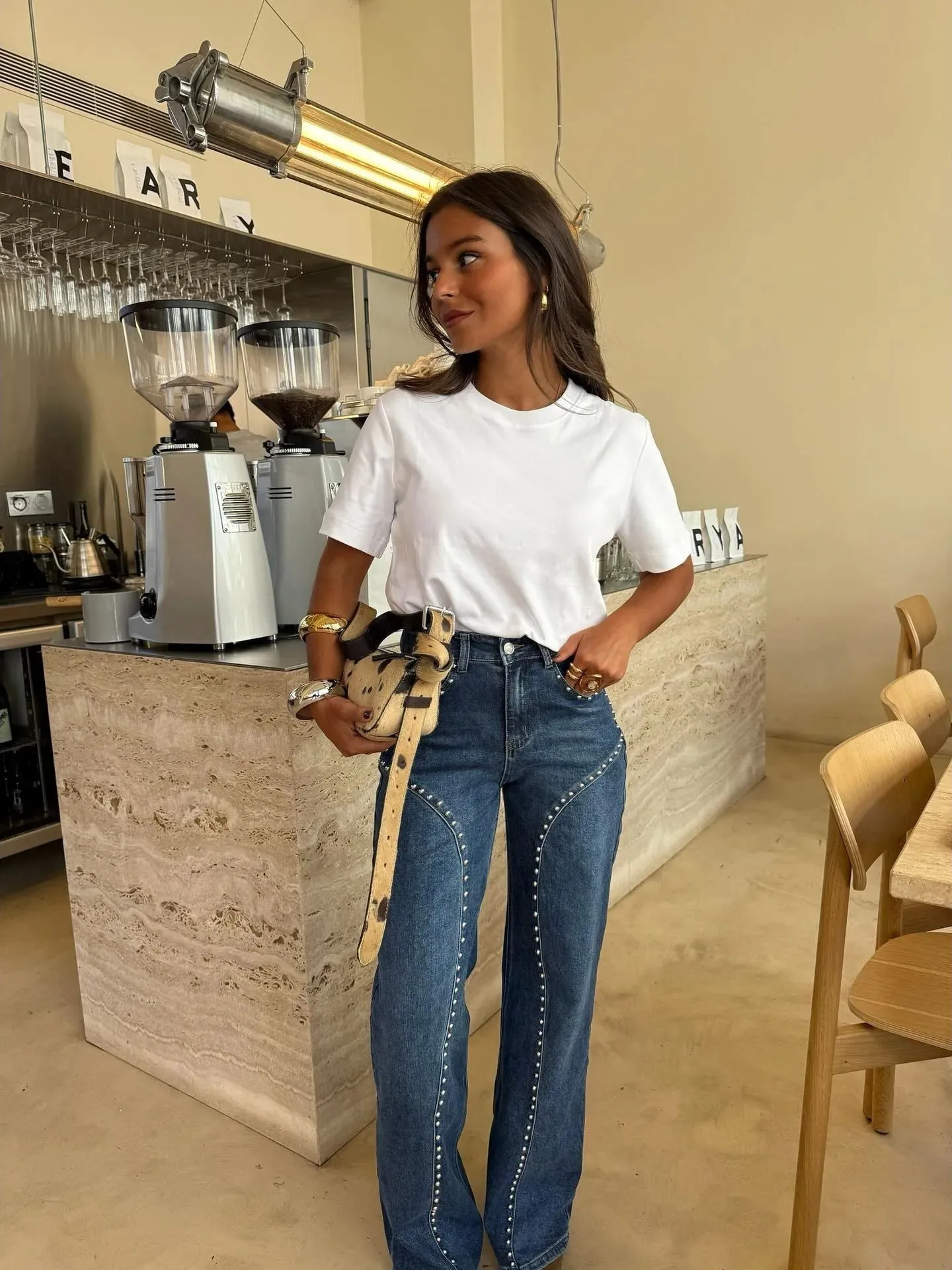 

Джинсы с высокой талией и прямыми штанинами, украшенные бусинами, повседневные брюки, женские повседневные брюки из полиэстера с принтом и широкими штанинами