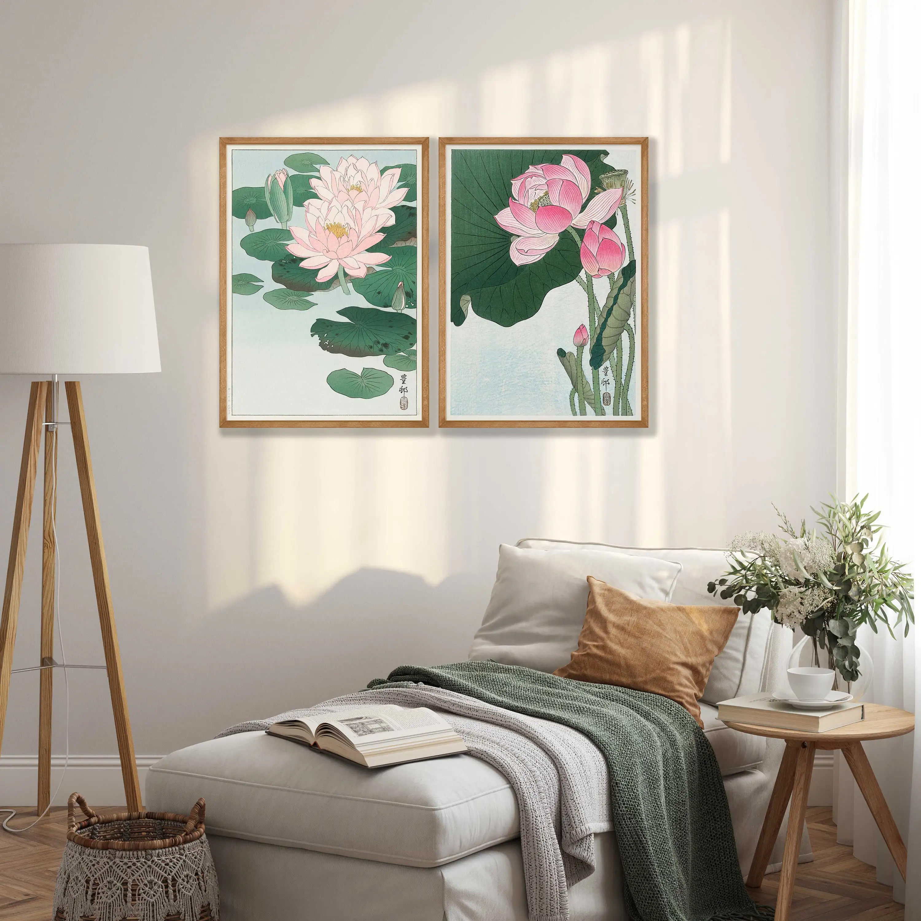 2pcs frameles,Ohara Koson Japanese Floral Prints Wall Art Water Lily & Lotus Cherry Blossom & Iris Bird and Flower Art Set Room