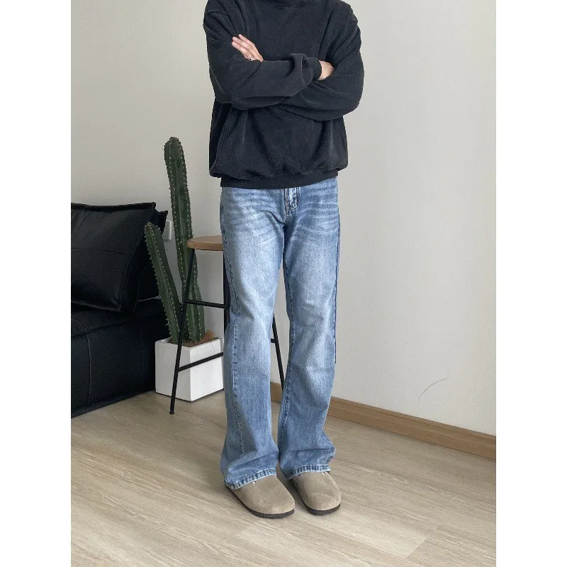 

Ретро Американские светло-голубые джинсы с завышенной талией Micro Flared Cleanfit Мужские утягивающие прямые длинные брюки Street Sle