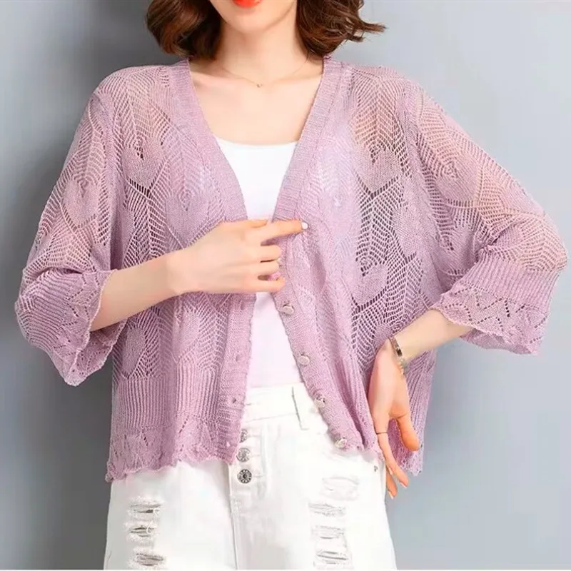Summer Fattened Outer Ice Silk Knitted Cardigan Women's Thin Mulberry Silk Sunscreen Air Conditioner Shirt Small Shawl