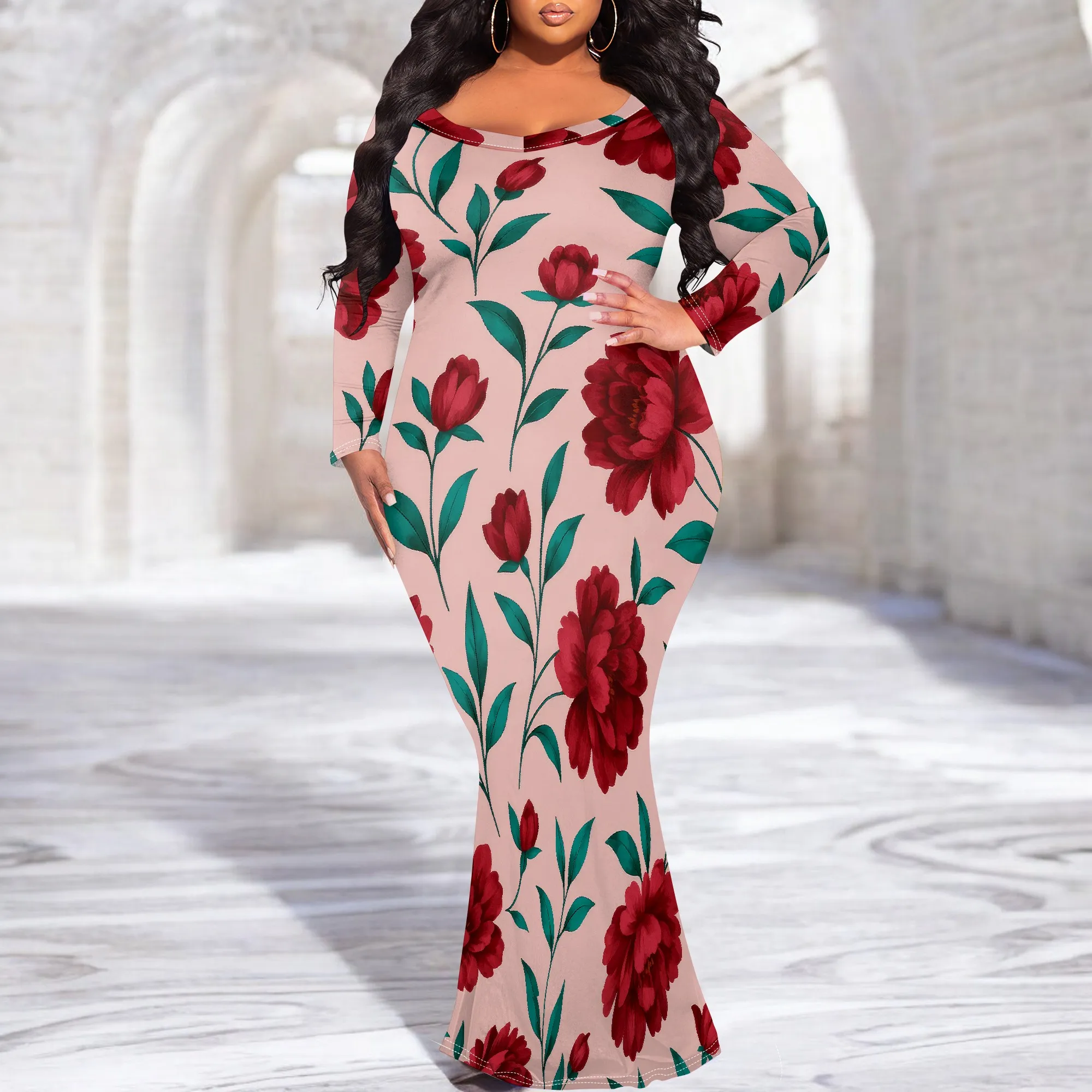 

Womens Plus Size Maxi Long Dress V Neck Off Shoulder Printed Elegant Dress