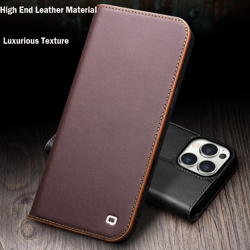 QIALINO Genuine Leather Flip Case for iPhone 16 Plus Handmade Fashion Cover with Card Slots for iPhone 16 15 14 13 Pro Max 15Pro