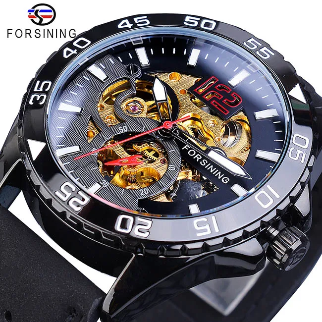 

Fashion Forsining Brand Unique Men Watch Automatic Creative Half Blue White Hollow Dial Genuine Leather Mechanical Clock Relojes