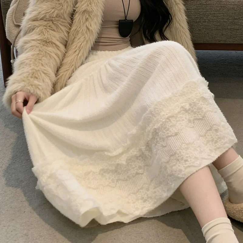 White Lace Patchwork Long Skirts Female Spring Autumn Plush Thick Midi Skirts Women Korean Chic High Street Elastic Waist Skirt
