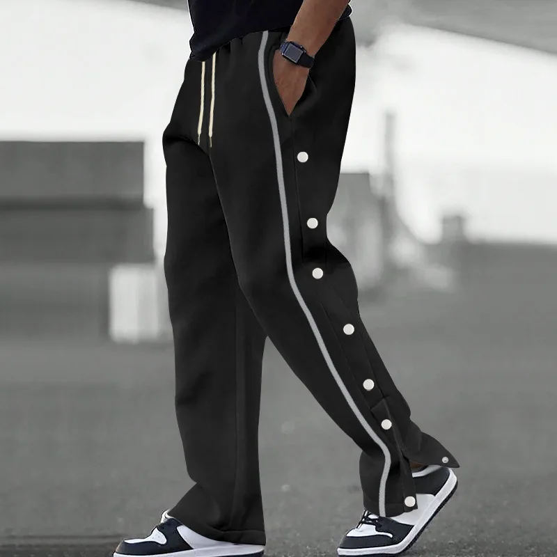 

Men's casual solid-color two-side buttoned decorative sports pants for street fashion, high-quality drawstring straight-leg pant