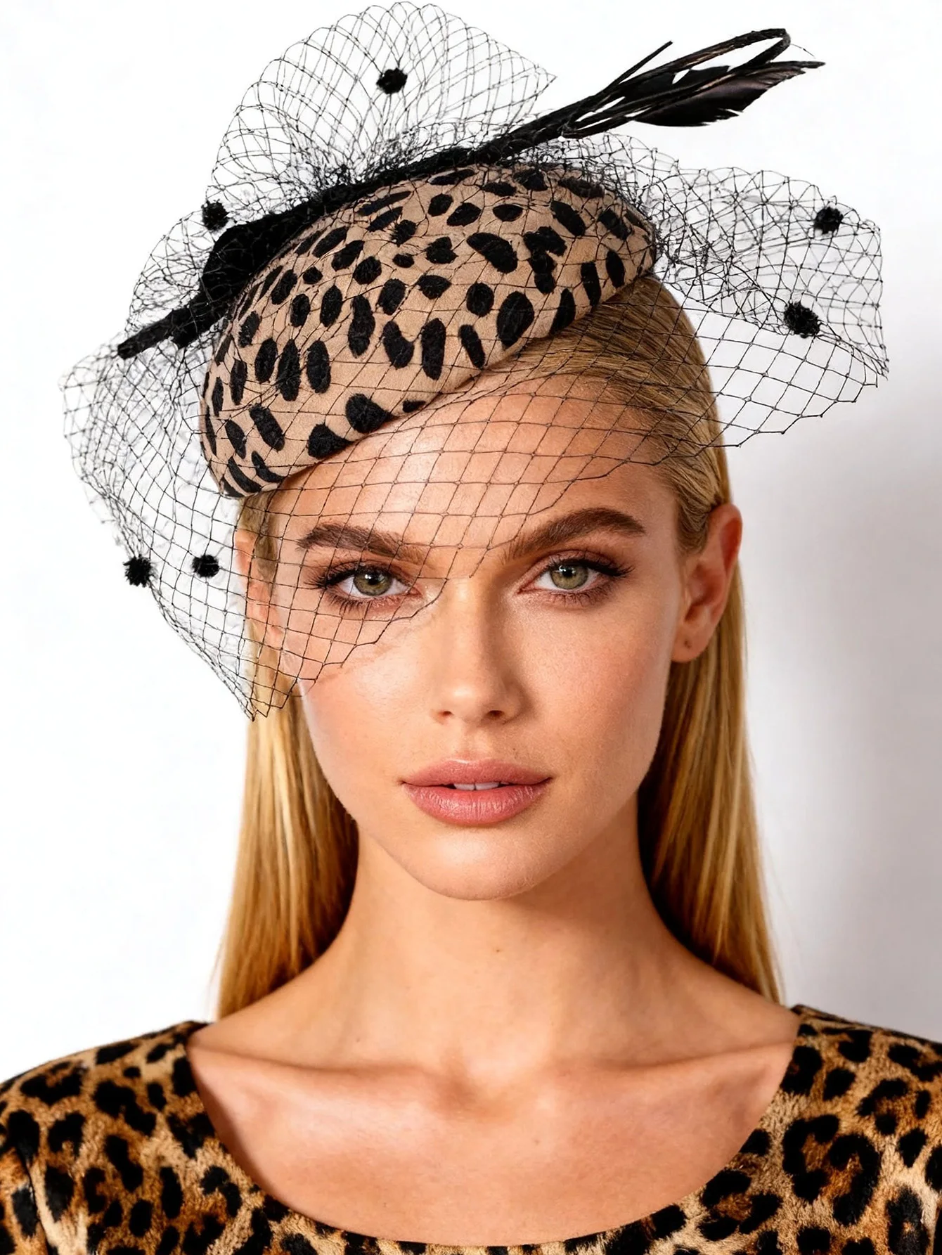 Black Leopard 100% Wool Felt Fascinators Hat Elegant Women\'s Party Cocktail Church Wedding Bow Feather Veil Formal Hat