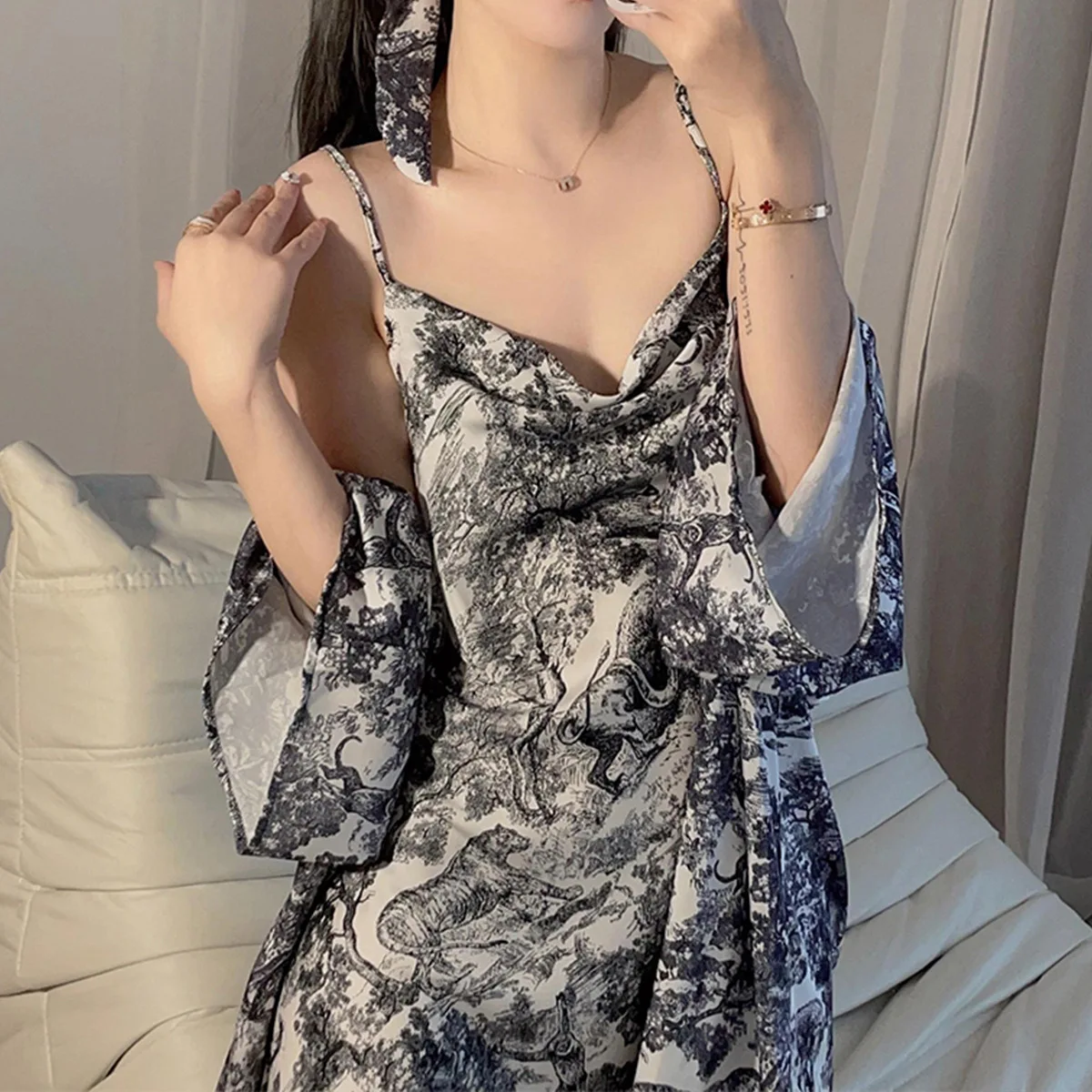 Swinging Collar Chemise Nightgown Sleepwear Sexy Print Nighty&robe Set Nightwear Bathrobe Loose Satin Home Dress Lingerie