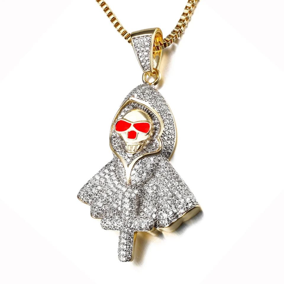 

VANAXIN Ghost Skull Head Pendant for Man Iced Out Necklace Cubic Zirconia 14k Gold Plated Charm Hip Hop Jewelry