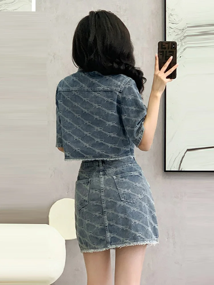 Streetwear Jacquard Vintage Denim Crop Tops + Mini Skirt 2 piece Sets Summer Short Sleeve Short Jeans Skirt Two Piece Suits