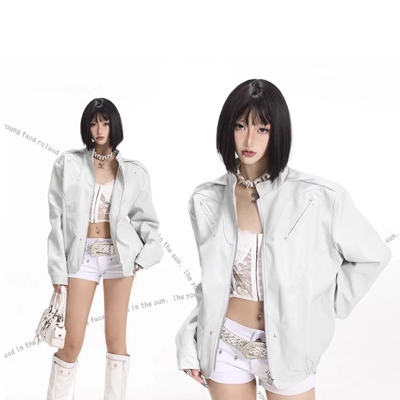 

Female Elegant Cropped Outwear Fashion Korean Casual Faux Leather Jacket Women Moto Jacket Zip Up Short Coat Y2k