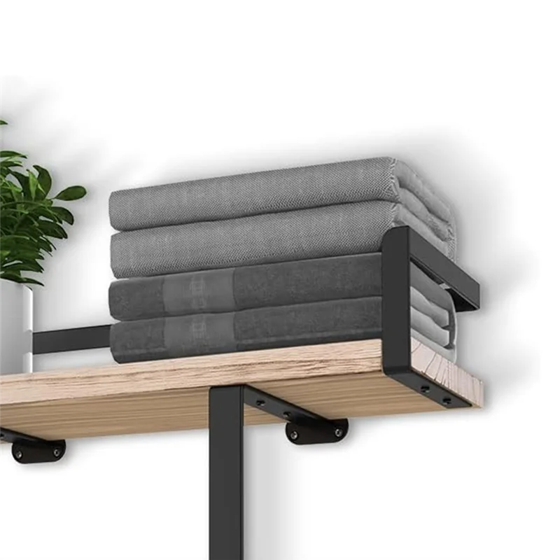 

A20F-Towel Racks For Bathroom Wall Mounted,Metal Towel Holder With Wooden Shelf For Folding Towels,Black