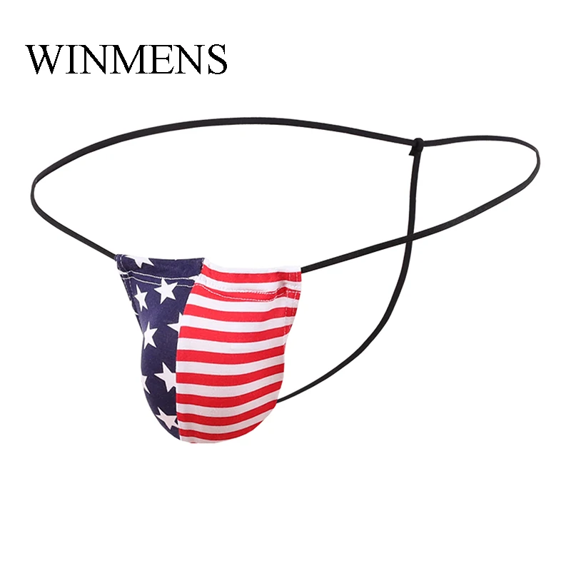 Men\'s Elastic Cotton Penis Pouch Gay American Flag Backless Mini Thongs Panties Stars and Stripes Sissy Erotic Cock Bag Strings