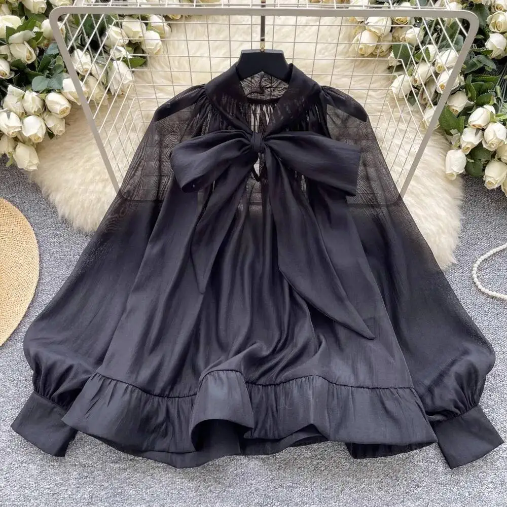 

Винтажная шифоновая рубашка Light Ripe Wind Advanced с пышными рукавами, женские свободные сетчатые элегантные блузки с бантом, офисные женские корейские блузки