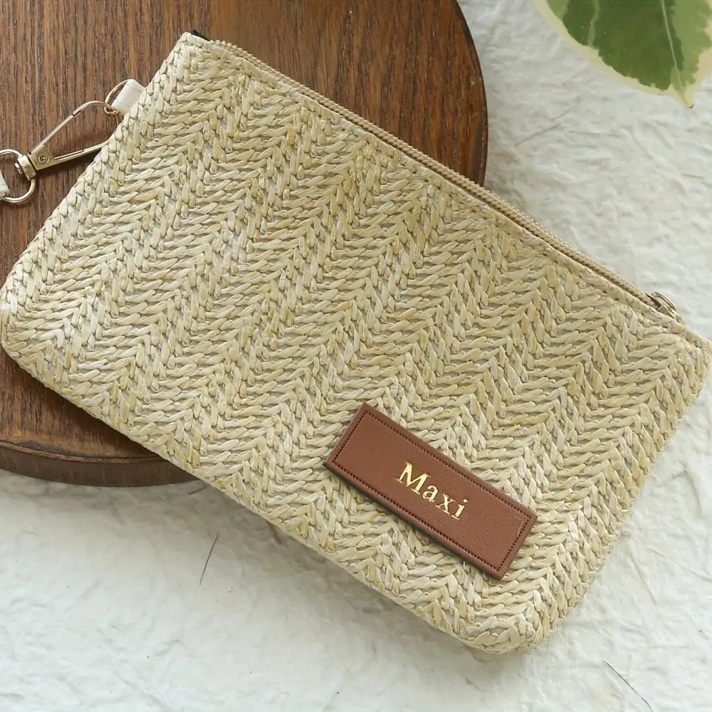 Custom Embossed Name Leather Label Straw Wristlet Clutch Bag Handmade Woven Raffia Cosmetic Makeup Pouch Beach Travel Storage view 5