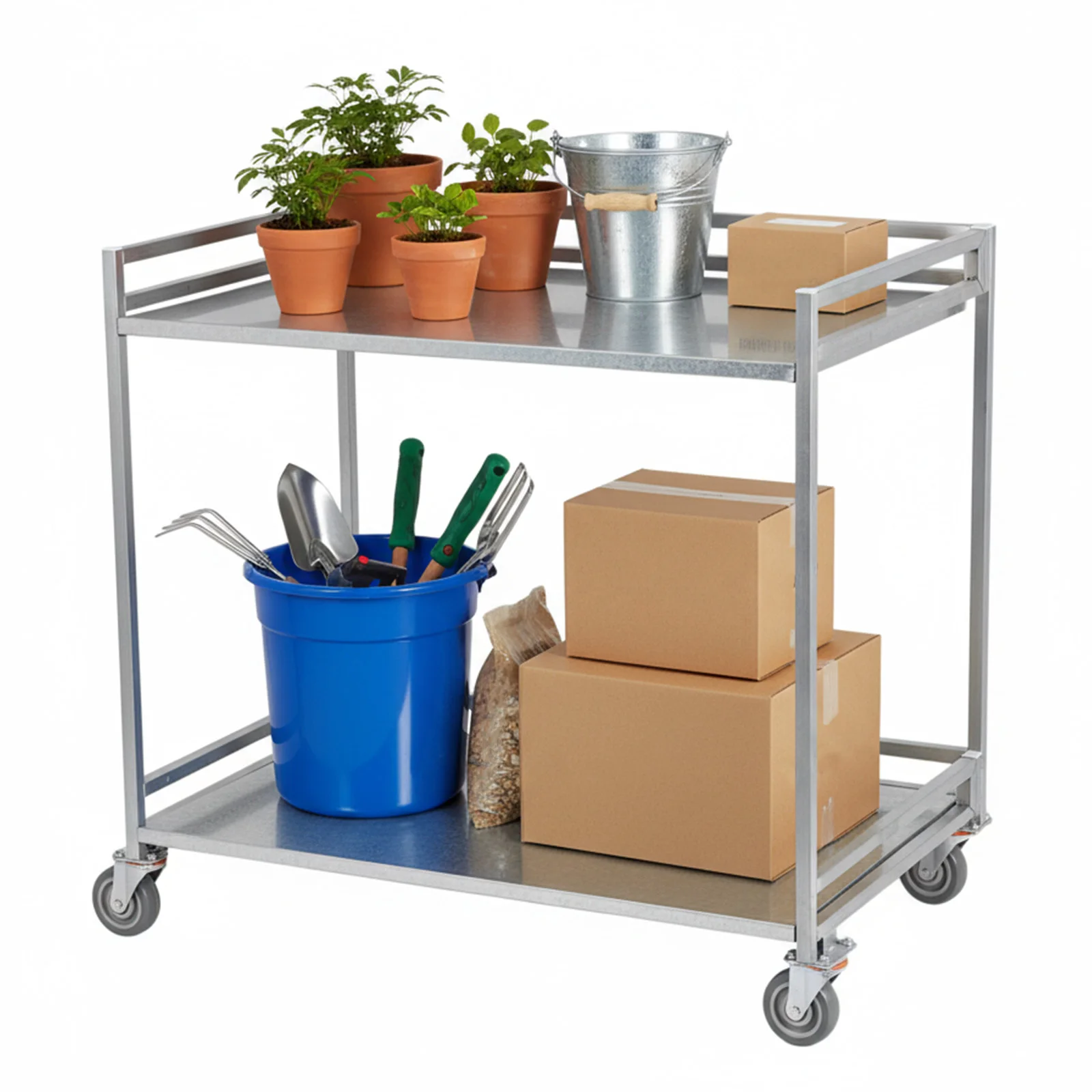 

2 Shelf Rolling Cart Foldable Hand Truck with Wheels 660lbs Capacity with Handle for Warehouse/Garage/Cleaning/Manufacturing