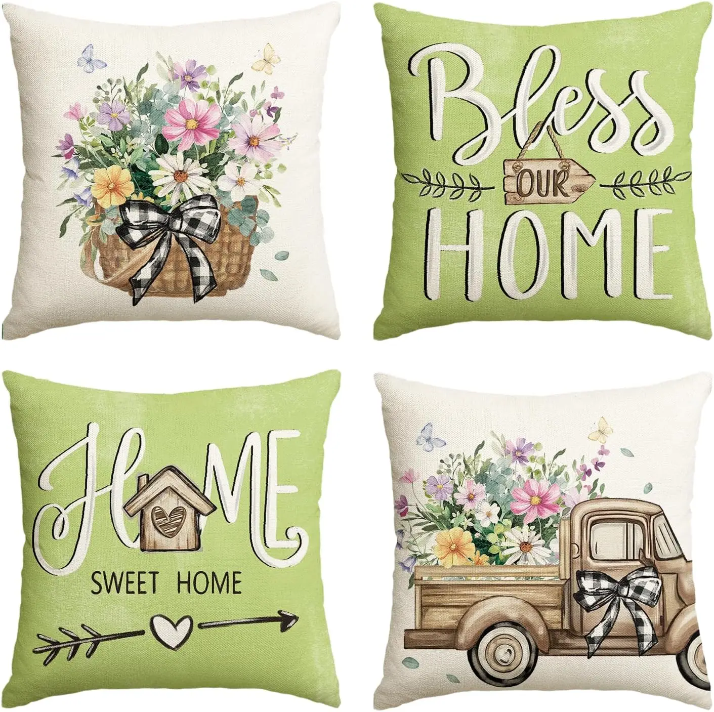 

colorlife Bless Our Home Eucalyptus Leaves Throw Pillow Covers, 18 x 18 Inch Spring Truck Cushion Case for Home Sofa Couch Set o