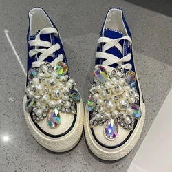 4cm Platform Women Canvas Shoes Big Crystal Flowers