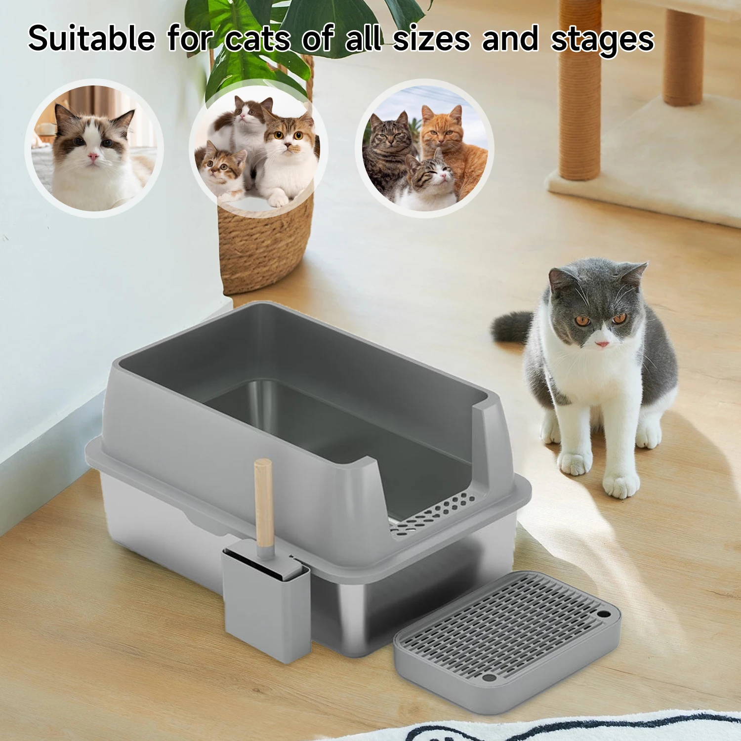 23.4x15.5x15.7 inches Large Cat Litter Tray Open Stainless Steel Cat Litter Tray Toilet High Sided For Cats And Big Bunnies