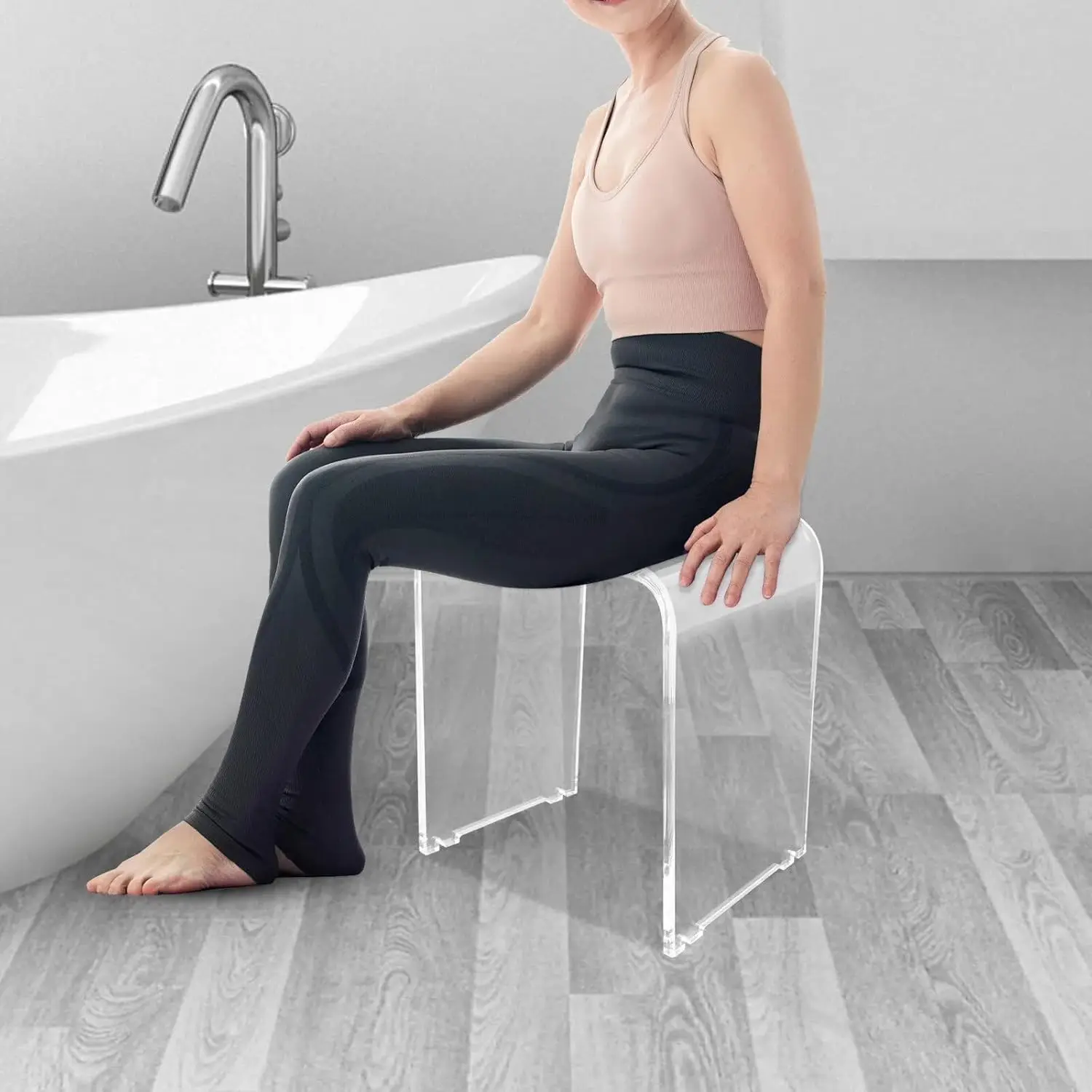 Clear U-Shaped Acrylic Shower Bench Stool Waterproof 300Lbs Tall Backless Bathtub Seat for Sauna Bath, Living Room, Studio Decor