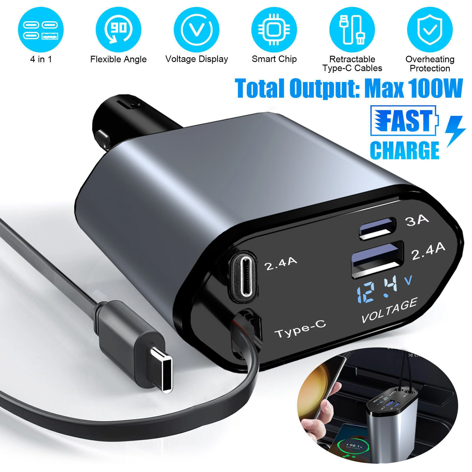 W&O C1 4 In 1 Car Charger PD QC 3.0 120W Fast Charging Type C Mobile Phone Charger for iPhone Xiaomi Huawei Samsung Android IOS