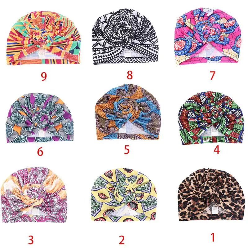 Toddler Baby Muslim Knotted Turban Ethnic Floral Print Headwrap Beanie Hat