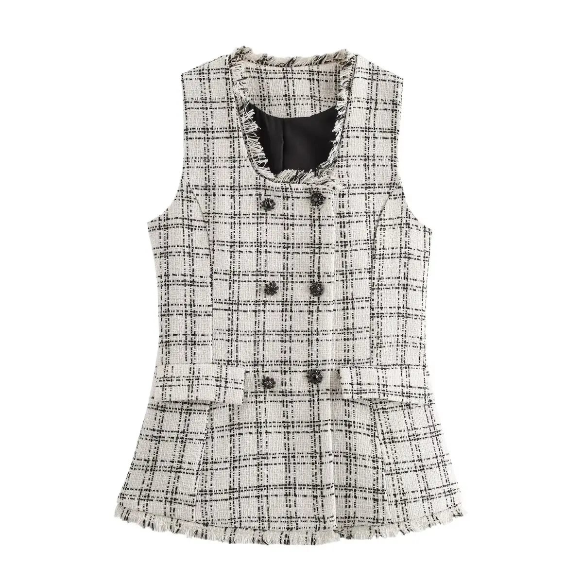 

2025 New Women's Clothing European and American Style Fashion Textured Plaid Double-Breasted Square Neck Vest